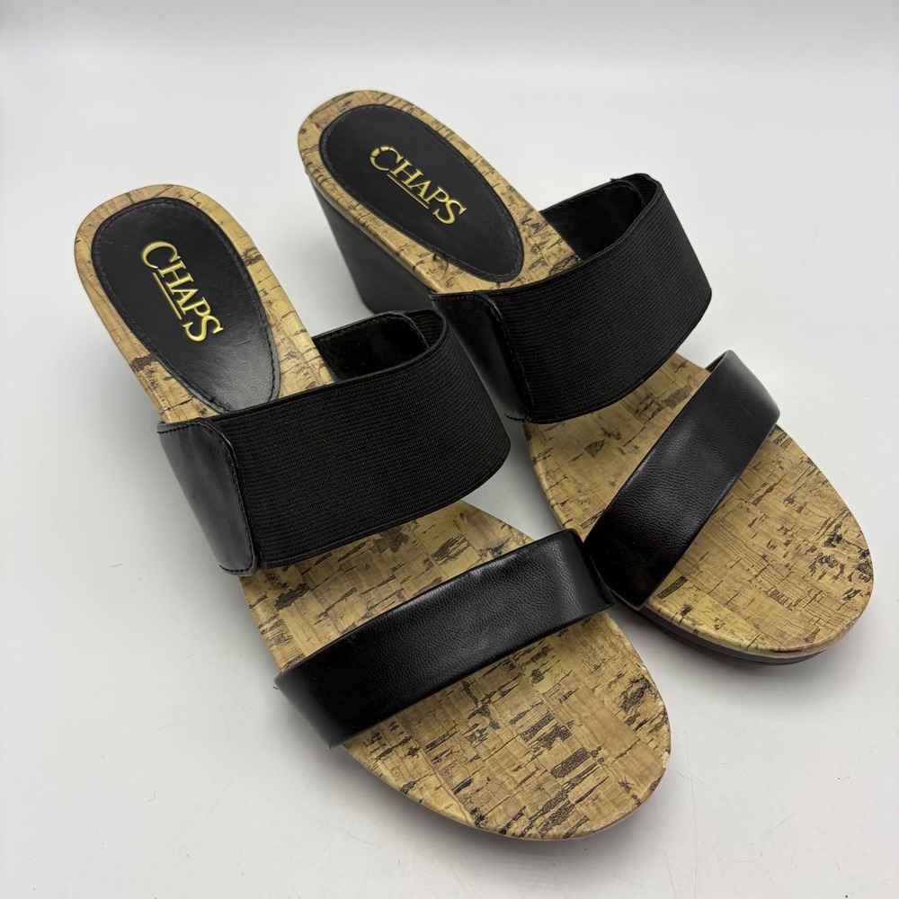 Chaps Wedge Sandals Women 8.5 Black Strappy Comfortable Straps Slip On Boho Read